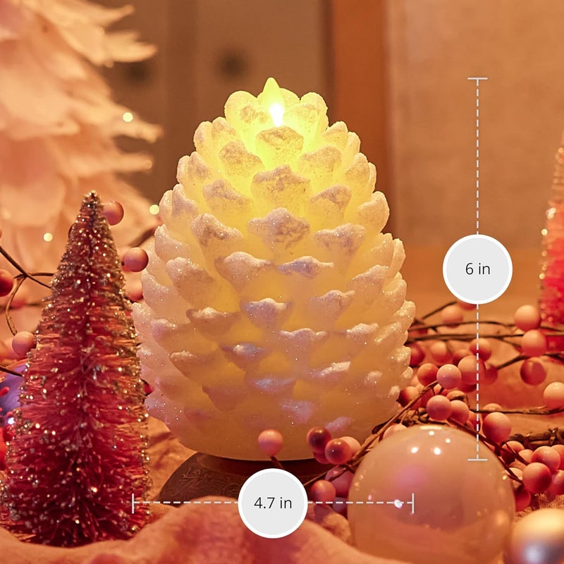 LUMINARA Pinecone Flameless Candle White Swan Glitter and Snow Finish Pine Cone Figural, Real Wax Unscented LED Candles, Battery Operated with Timer, Holiday Decoration (4.7" x 6") - Image 5